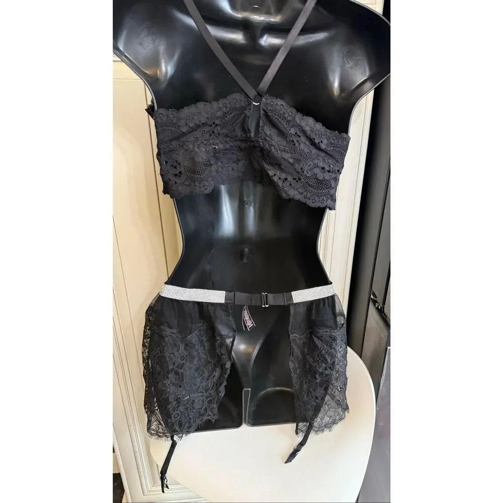Victoria's Secret Lace Shine Strap Garter Belt Skirt Bralette Set Black Sz XS/S